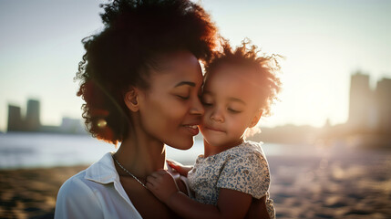 portrait of beautiful african american mother with curly hair holding and kissing little daughter on