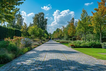 Canvas Print - A long brick walkway with trees and flowers on either side