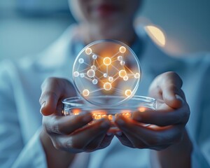 Close-up on hands holding a petri dish with a new pharmaceutical compound