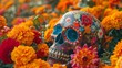 A vibrantly decorated sugar skull nestled in a field of marigold and dahlias, symbolizing Día de Muertos.