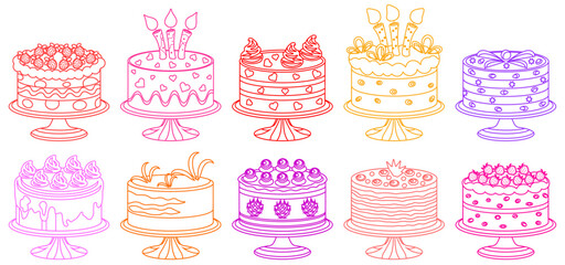 Wall Mural - Set of colored line icons of cakes, desserts, pastries. Birthday cake with candles, isolated on white background, vector.