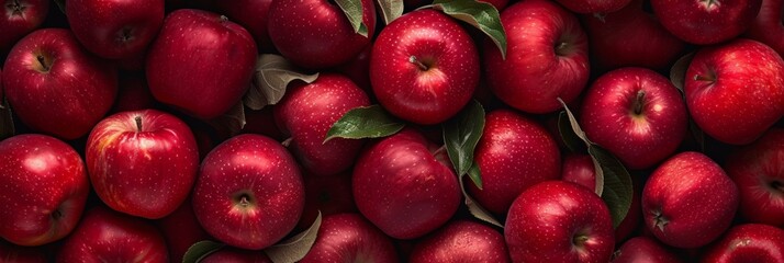 A collection of ripe red apples with green leaves stacked together