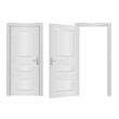 © Little Monster 2070 - Open and closed front door of the house isolated on white background. Open and closed entrance realistic door. Classic room concept. Wooden outdoor entrance with shining light.