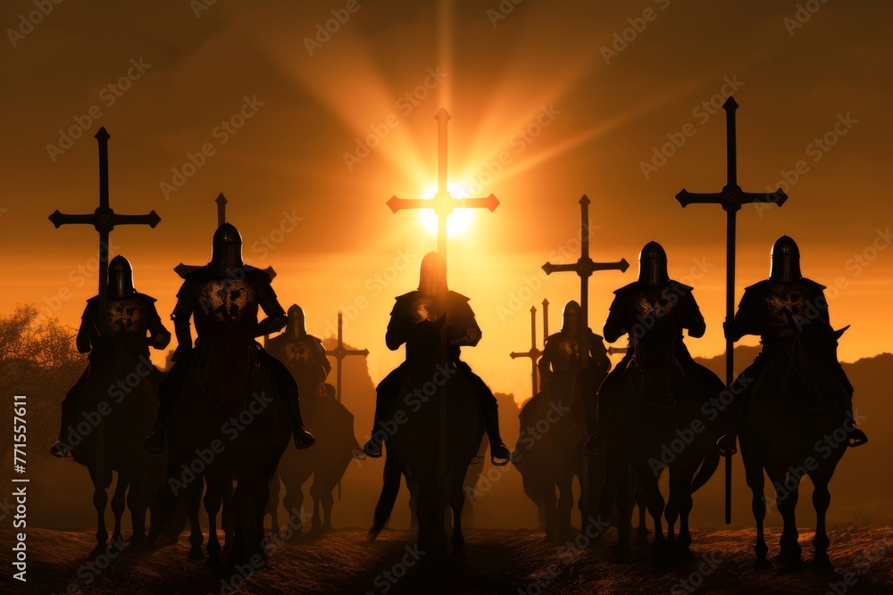 Knights Templar their path lit by the cross in the soft light of sunset ...