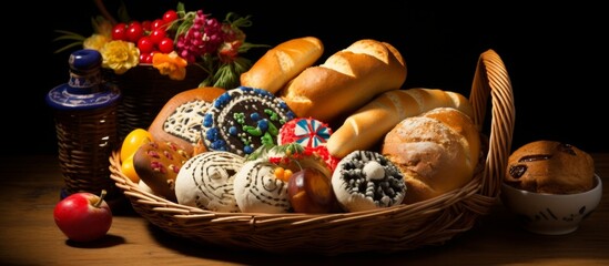 Wall Mural - A beautiful arrangement of natural foods, including bread, fruit, and flowers, presented in a basket on a table. Perfect for a finger food spread or as a centerpiece for a wholesome meal