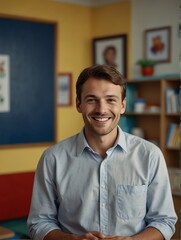 Wall Mural - Portrait of attractive caucasian young teacher man on kindergarten preschool classroom school daycare center background smiling from Generative AI