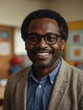 Portrait of middle aged black african teacher man on kindergarten preschool classroom school daycare center background smiling from Generative AI