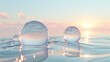 sunset and transparent spheres in in the water. Futuristic concept