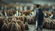 An adult penguin stands among a large group of nearly adult chicks, AI generated image.