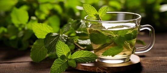 Sticker - An herbal drink made with mint leaves, a terrestrial plant, served in a cup on a wooden table. Mint is an annual plant commonly used as an ingredient in cuisine