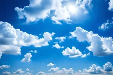 White Clouds With A Clear Blue Sky. Lovely White Clouds Against A Deep Blue Sky Represent The Idea Of Nature. Clear Skies For A Pleasant Summer. A Breath Of Fresh Air.