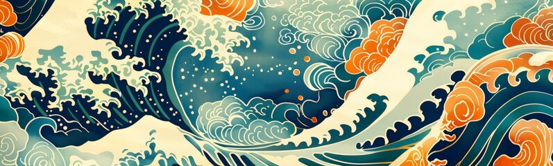 Wall Mural - A vibrant painting depicting a crashing ocean wave in vivid orange and blue colors, capturing the dynamic movement and power of the sea