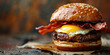 Delicious bacon, egg and cheese burger on a rustic wooden table with a crispy bacon topping