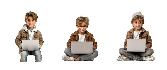 Wall Mural - Boy and laptop on transparent background
