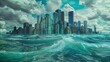 the catastrophe of rising sea levels destroys cities. A striking portrayal of rising sea levels, highlighting the impact of climate change on coastal regions. Raises awareness about the urgent need fo