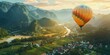 A hot air balloon floats over a quaint countryside village nestled among forests and mountains. Concept Landscape Photography, Hot Air Balloon, Countryside Village, Forest Mountains, Scenic View