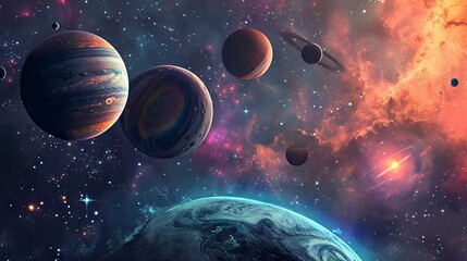  A visually captivating digital artwork depicting a stylized and colorful rendition of the solar system with dynamic lighting.