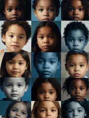 Abstract blue theme collage of diverse inclusive human child faces art design illustration from Generative AI