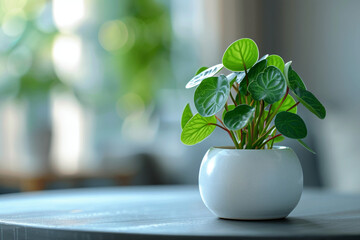 Wall Mural - A Chinese Money Plant in a white vase on a table with a blurry interior in the background