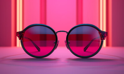 Wall Mural - A pair of sunglasses with a red stripe on the side. The sunglasses are on a table in front of a pink background