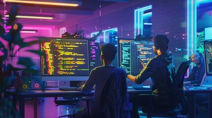 Team of software developers or testers sitting in an office, working on computers with code open. They collaborate on coding and testing software projects as a team.