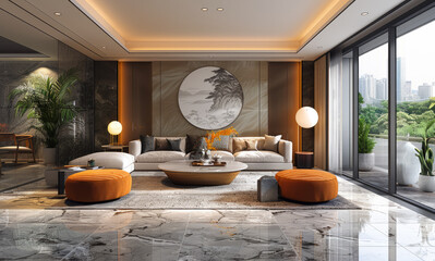 Wall Mural - A modern living room with a large mirror on the wall and a round coffee table. The room is decorated with orange accents and has a minimalist design