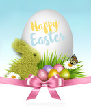 Fototapeta Tematy - Happy Easter background. Colorful eggs and a rabbit made of green grass on a background of spring flowers and butterfly. Vector