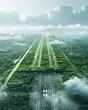 An environmentally sustainable airport, surrounded by green spaces and powered by renewable energy, reflecting the aviation industrys efforts towards eco-friendly practices