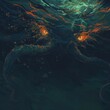 Hydra lurking in dark waters, eerie illustration, 4K