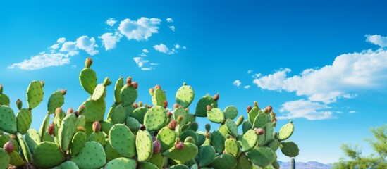 Poster - Several terrestrial cactus plants stand tall against a vibrant blue sky dotted with fluffy white clouds, creating a beautiful natural landscape