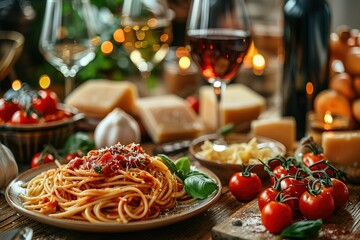 Wall Mural - A group of friends enjoying pasta and wine at the dining table, surrounded by various dishes. The focus is on one plate with spaghetti in tomato sauce and another with fettuccine in white cream sauce.