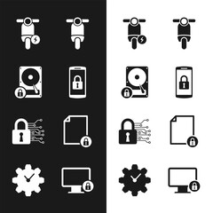 Sticker - Set Smartphone with lock, Hard disk drive and, Electric scooter, Scooter, Cyber security and Document icon. Vector