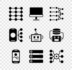 Poster - Set Neural network, Computer monitor, Mobile phone, Server, Data, and Artificial intelligence robot icon. Vector