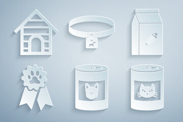 Poster - Set Canned food for dog, Bag of cat, Pet award symbol, , Dog collar and house icon. Vector