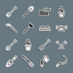 Sticker - Set line Sickle, Automatic irrigation sprinklers, Garden hose or fire hose, rake for leaves, saw, shovel and icon. Vector