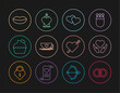 Set line Wedding rings, Heart hand, Coffee cup heart, cake with, Smiling lips, Amour arrow and Bottle love potion icon. Vector