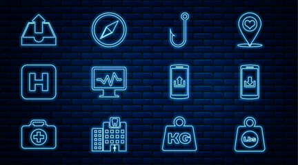 Poster - Set line Weight pounds, Smartphone with download, Fishing hook, Monitor cardiogram, Hospital, Upload inbox, upload and Wind rose icon. Vector