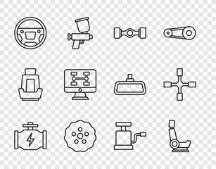 Poster - Set line Check engine, Car seat, Chassis car, Gear, Steering wheel, Diagnostics condition of, air pump and Wheel wrench icon. Vector