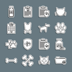 Poster - Set line Medical veterinary record folder, Cat medicine bottle and pills, Veterinary clinic, Clinical pet, Dog bone, hospital, Pets vial medical and icon. Vector