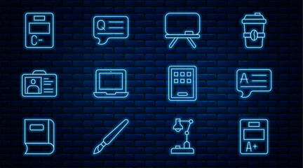 Poster - Set line Exam sheet with A plus grade, Speech bubbles Answer, Chalkboard, Laptop, Identification badge, paper incorrect answers, Graphic tablet and Question icon. Vector