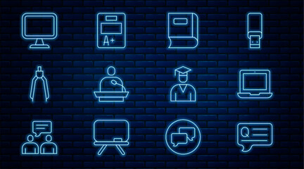 Poster - Set line Speech bubbles with Question, Laptop, Book, Gives lecture, Drawing compass, Computer monitor, Graduate and graduation cap and Exam sheet A plus grade icon. Vector