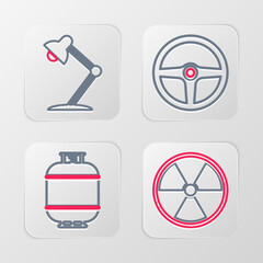 Poster - Set line Radioactive, Propane gas tank, Steering wheel and Table lamp icon. Vector