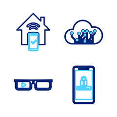 Poster - Set line Mobile and password protection, Smart glasses, Internet of things and home remote control system icon. Vector