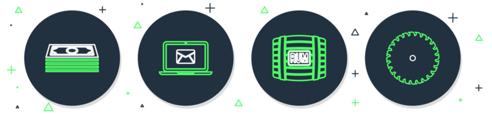 Sticker - Set line Laptop with envelope, Wooden barrel rum, Stacks paper money cash and Circular saw blade icon. Vector