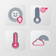 Sticker - Set line Rainbow with cloud, Meteorology thermometer, and UV protection icon. Vector