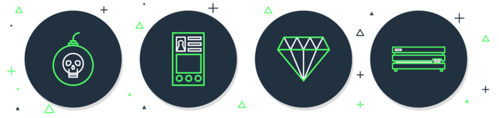 Sticker - Set line Create account screen, Diamond, Bomb ready to explode and Video game console icon. Vector