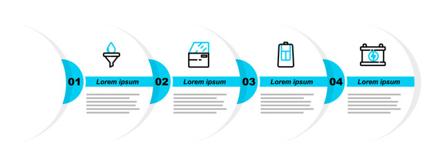 Sticker - Set line Car battery, key with remote, door and Funnel and oil drop icon. Vector