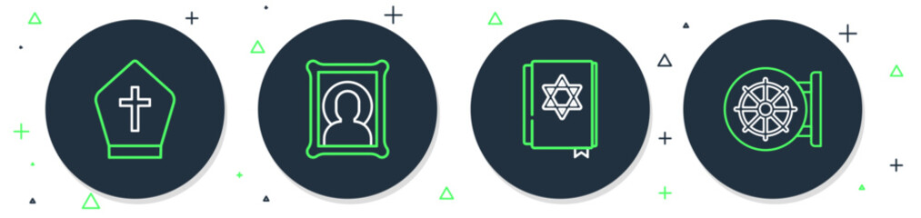 Sticker - Set line Christian icon, Jewish torah book, Pope hat and Dharma wheel icon. Vector