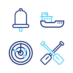 Poster - Set line Paddle, Radar with targets, Cargo ship and Ship bell icon. Vector