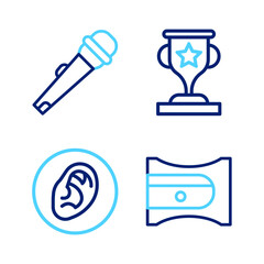 Poster - Set line Pencil sharpener, Ear listen sound signal, Award cup and Microphone icon. Vector